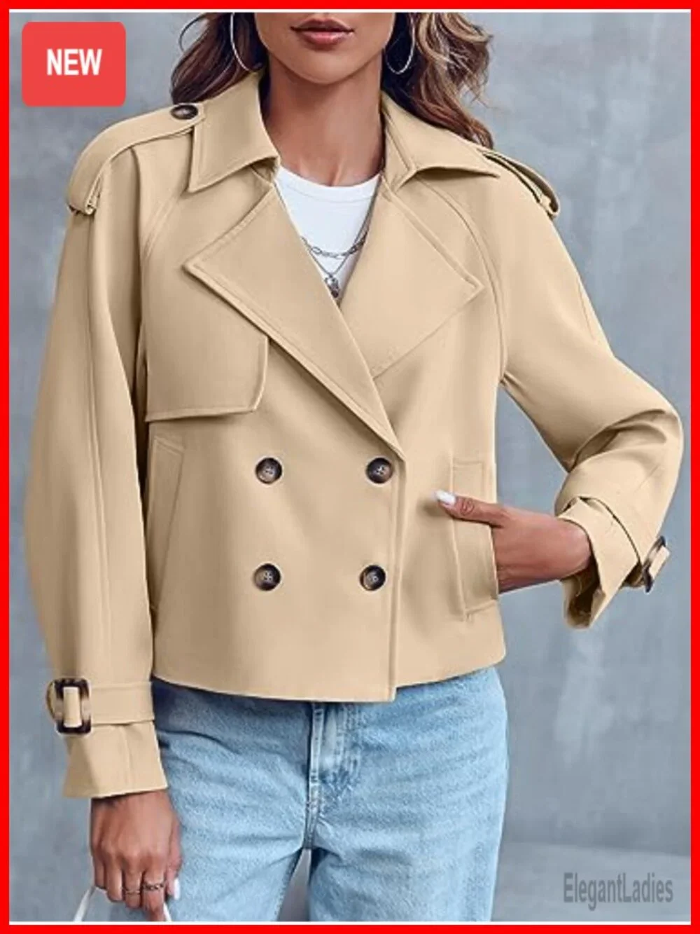 Women's Crop Double Breasted Trench Coat with Pockets, Windproof
