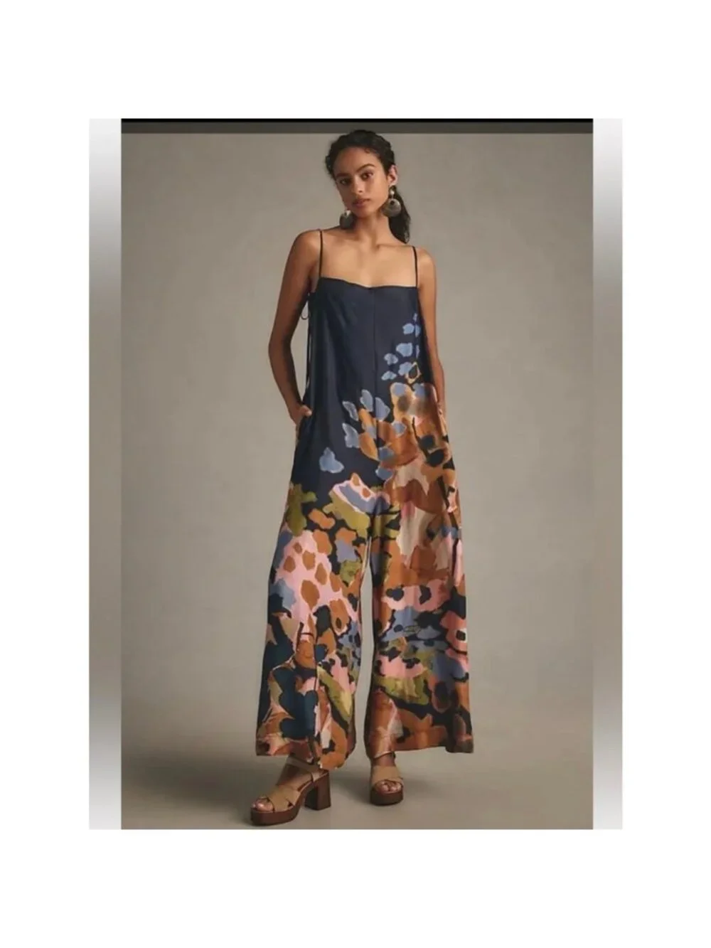 By Anthropologie Printed Wide-Leg Jumpsuit Navy Abstract Floral Print