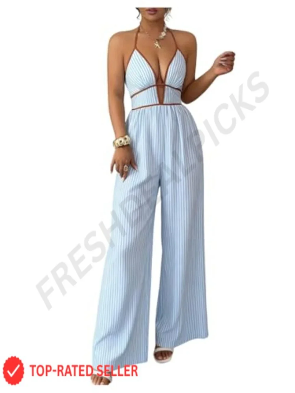 Striped Halter Neck Wide Leg Jumpsuit Romper Smocked Tie Back Sleeveless Summer