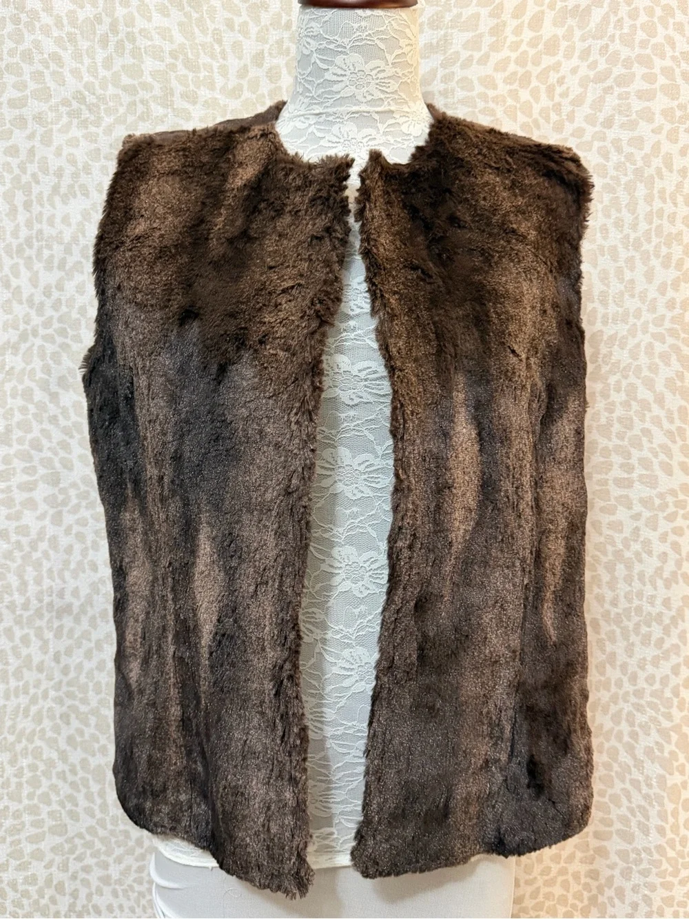 Brown Faux Fur Leather lined gold Open-Front Vest