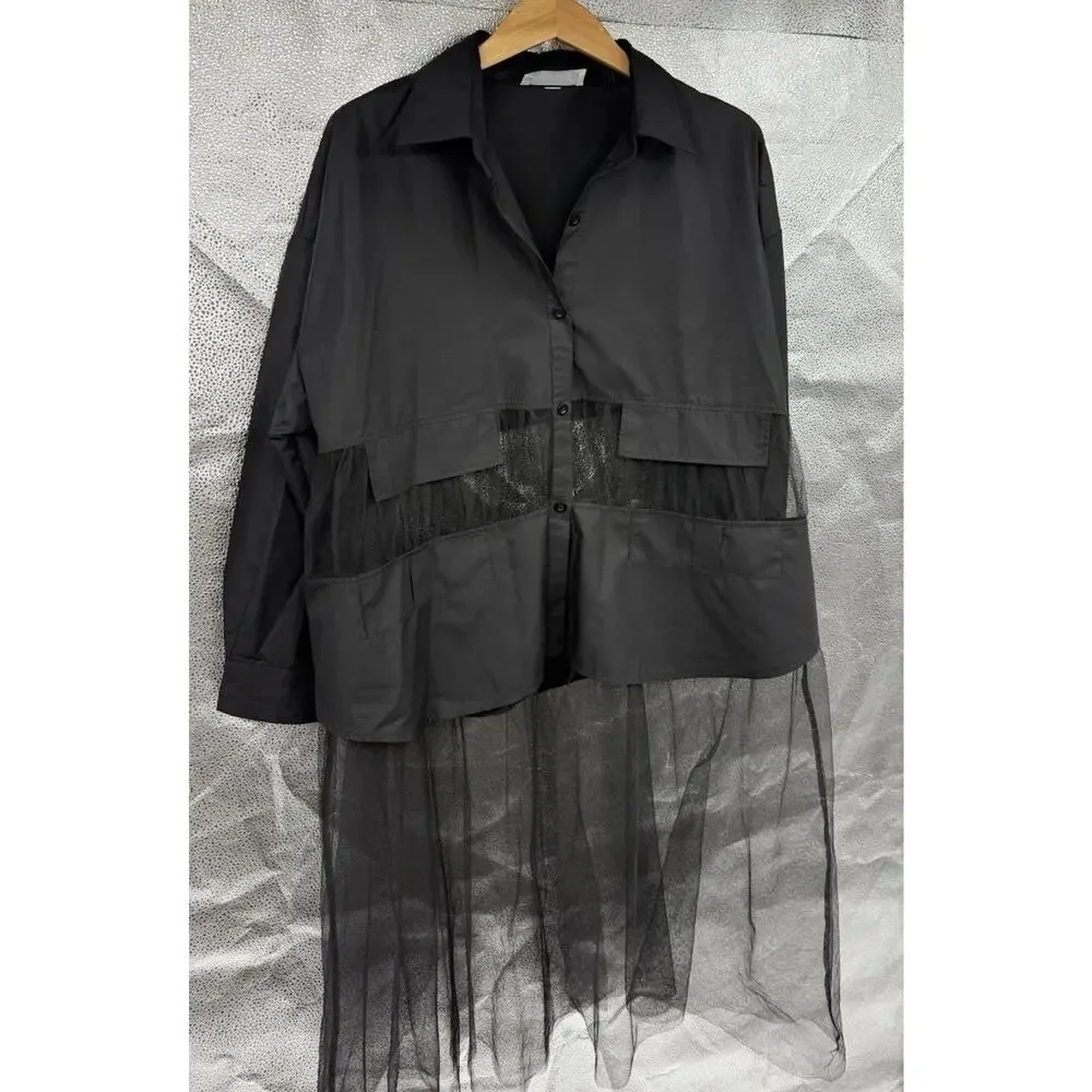 The Vault By Sacha‎ Black Button Up Mesh Sheer Art To Wear Whimsigoth Top L/XL?