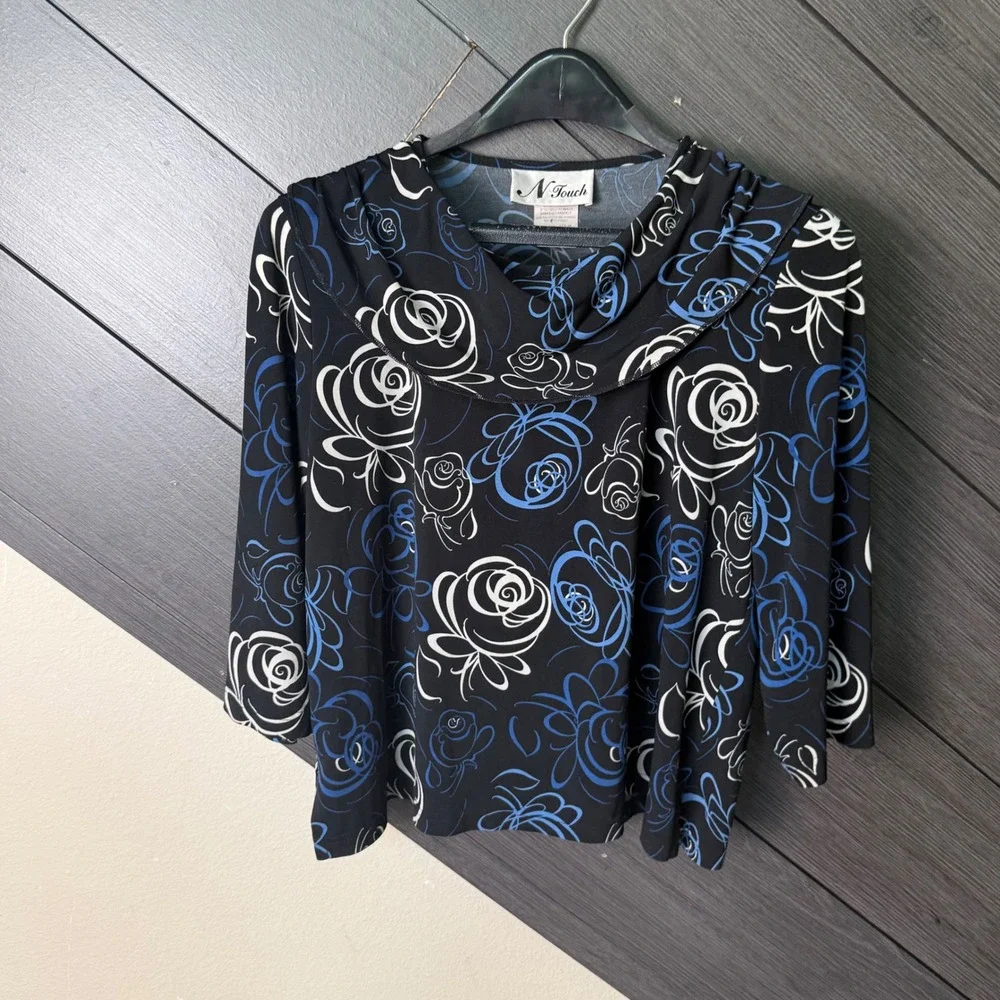 N Touch Vintage 90s Floral Cowl Neck 3/4 Sleeve Top Large Black Blue White