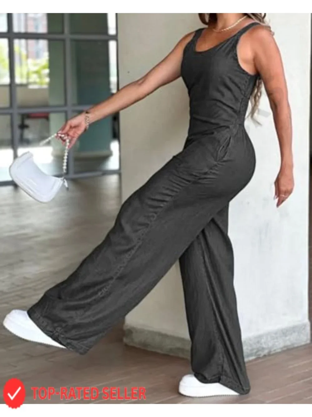 Wide Leg Jumpsuit Sleeveless V Neck Romper with Pockets Casual One Piece