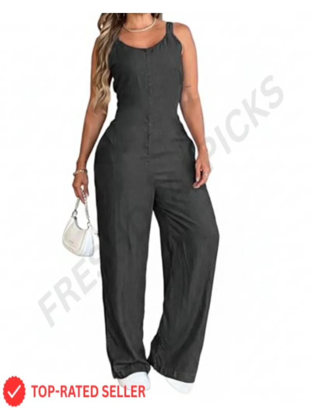 Wide Leg Jumpsuit Sleeveless V Neck Romper with Pockets Casual One Piece