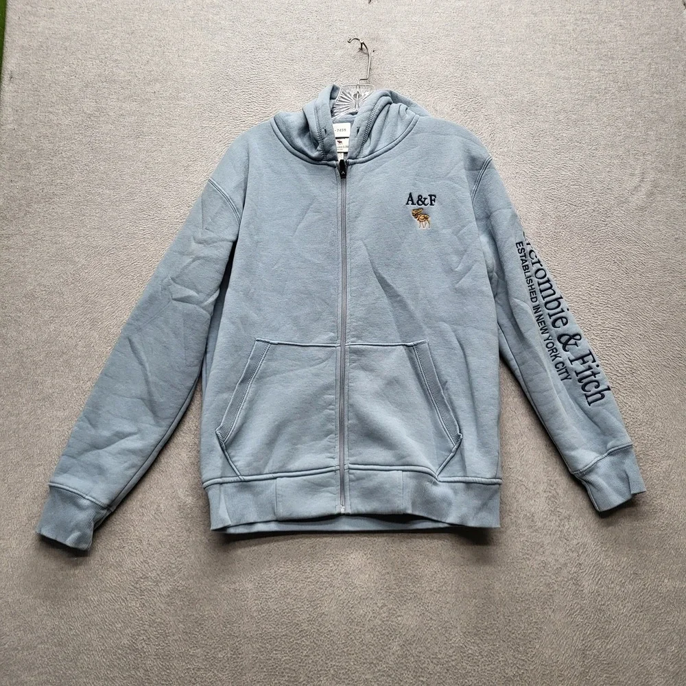 Abercrombie & Fitch Men Hoodie L Light Blue A&F Moose Logo Embroidery‎ Y2K