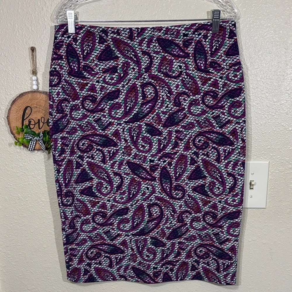 Lularoe Purple/Green Paisley Print Cassie Pencil Skirt Size XL