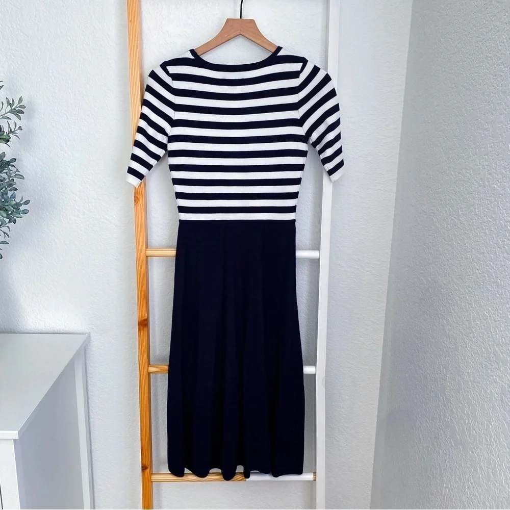 Milly Striped Bodice Fit and Flare Dress Navy Blue White Half-Sleeve Small NEW