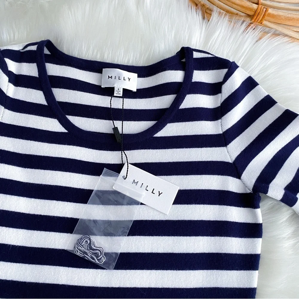 Milly Striped Bodice Fit and Flare Dress Navy Blue White Half-Sleeve Small NEW