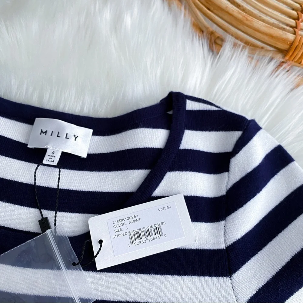 Milly Striped Bodice Fit and Flare Dress Navy Blue White Half-Sleeve Small NEW