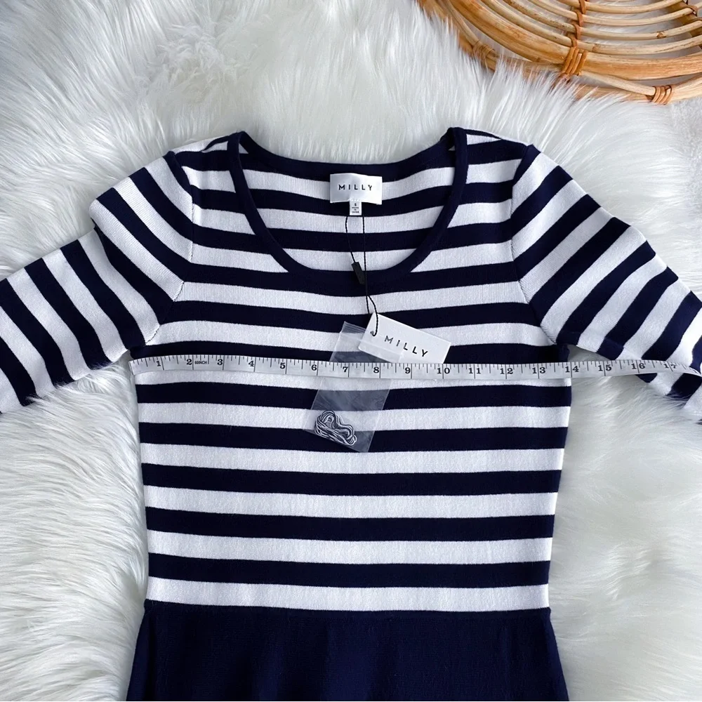 Milly Striped Bodice Fit and Flare Dress Navy Blue White Half-Sleeve Small NEW