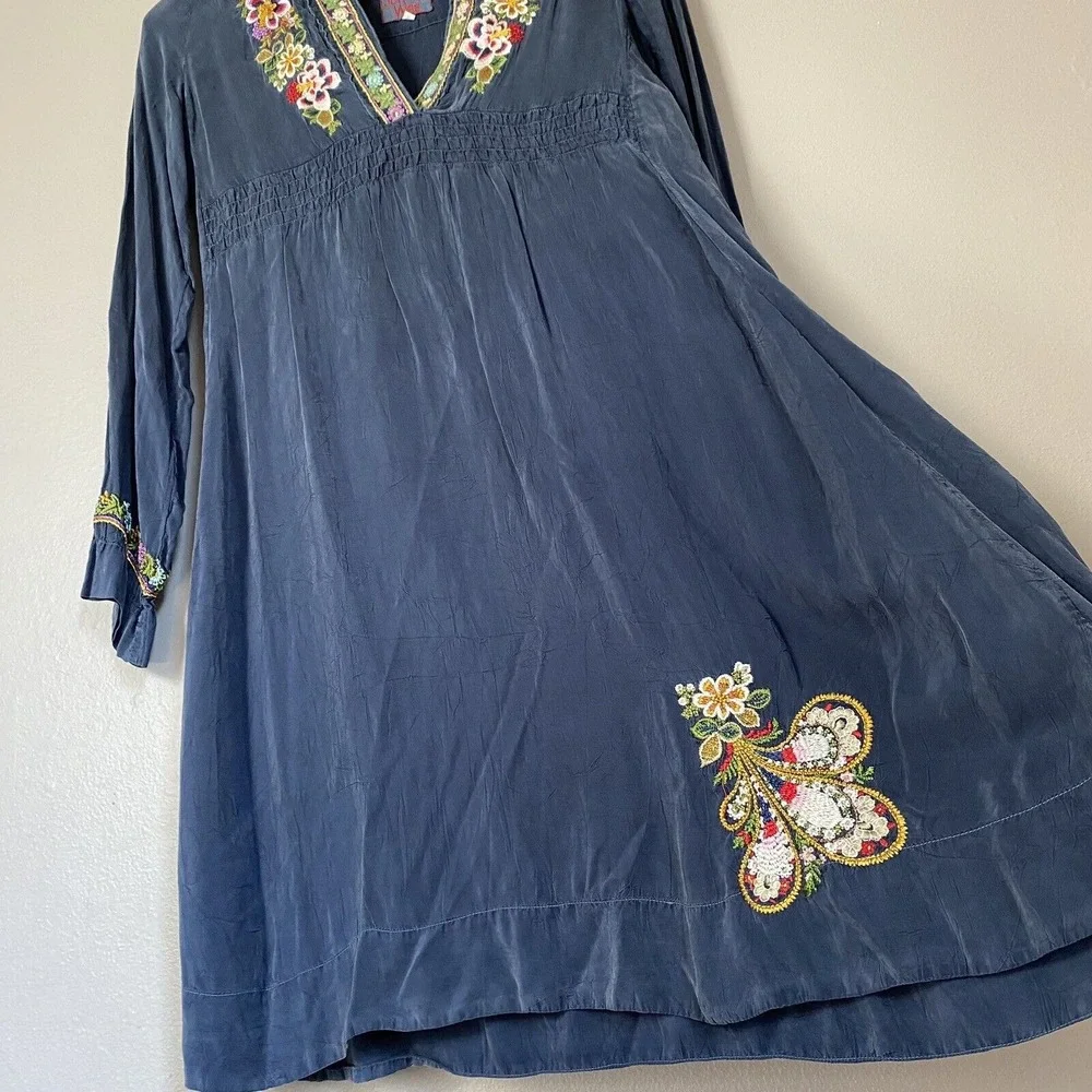 Johnny Was Navy Embroidered Dress Long Sleeve V‎ Neck Women's Size XS