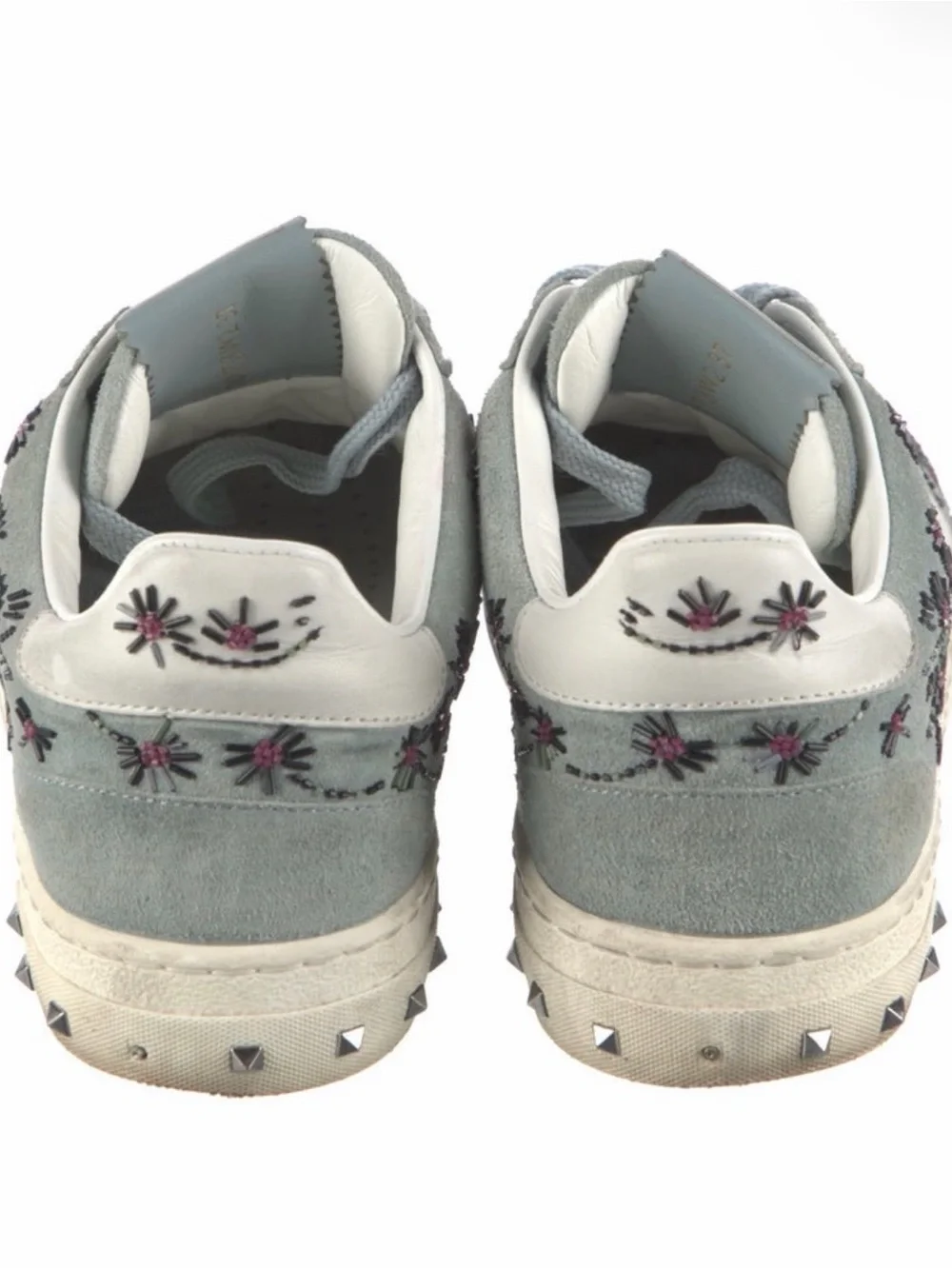 Valentino Garavani Light Blue Suede Sneakers with Pink Floral Embroidery
