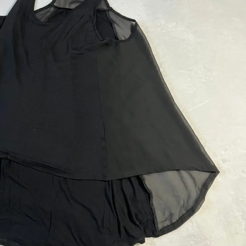 Women's Scoop Neck Sleeveless Mixed Media Tank Top Size S Semi Sheer Hi Low Hem