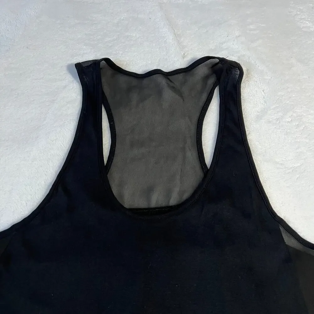 Women's Scoop Neck Sleeveless Mixed Media Tank Top Size S Semi Sheer Hi Low Hem