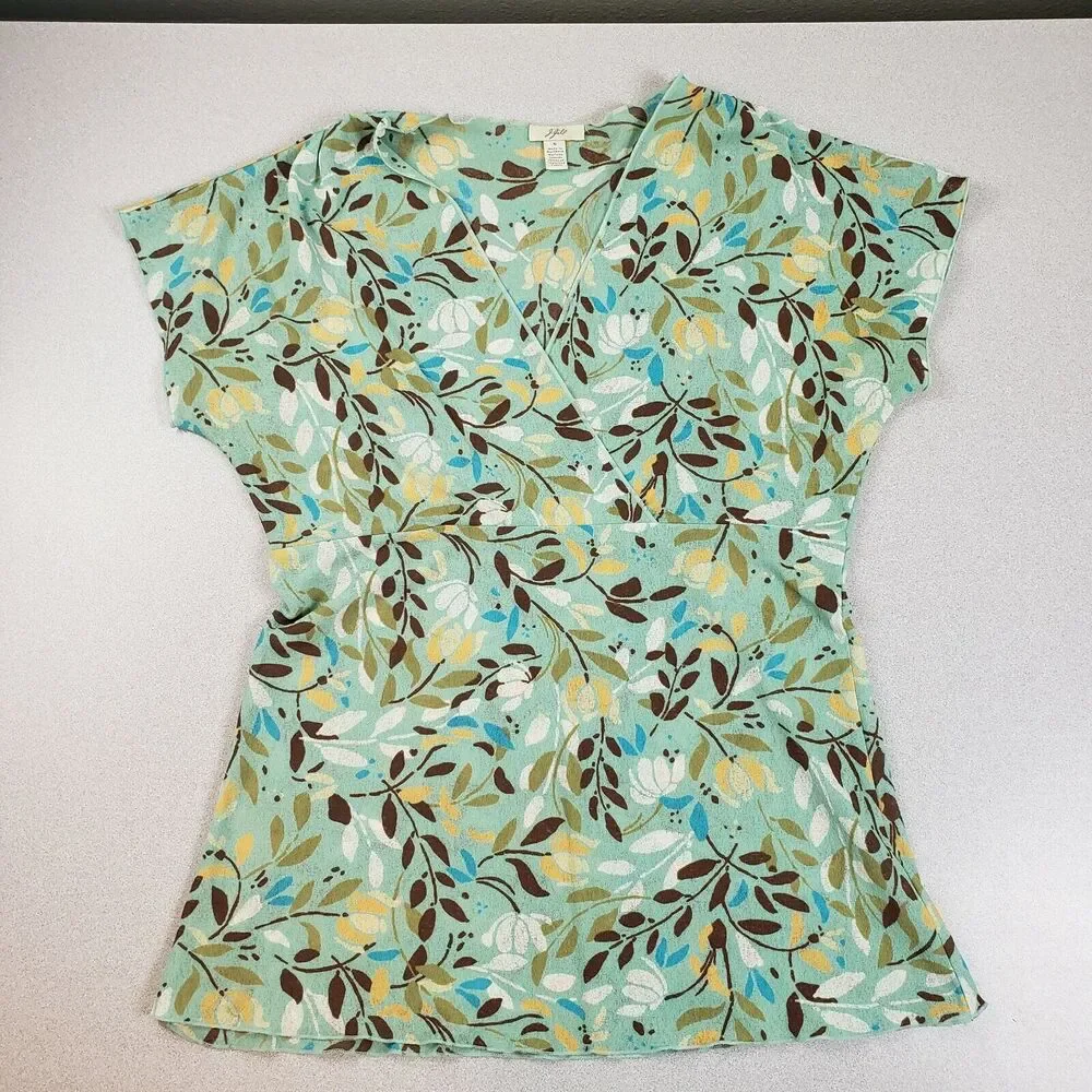 J Jill Womens Multicolor V Neck Leaf Print‎ Pullover Basic Top Size Small