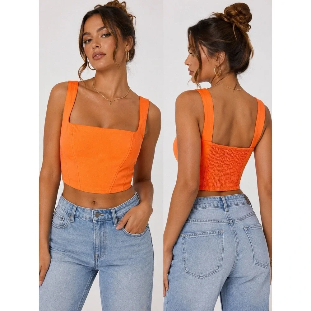 Stradivarius Neon‎ Orange Corset Crop Top Ruched Back Y2K Club Festival L