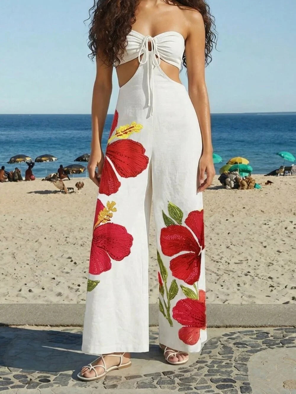 Boho Women's Floral  Tie Front Hollow Outw waist Bandeau Wide Leg Jumpsuit