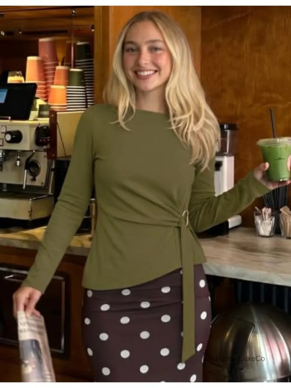 Women's Long Sleeve Boat Neck Blouse Ruched Waist Tie Front Office Top