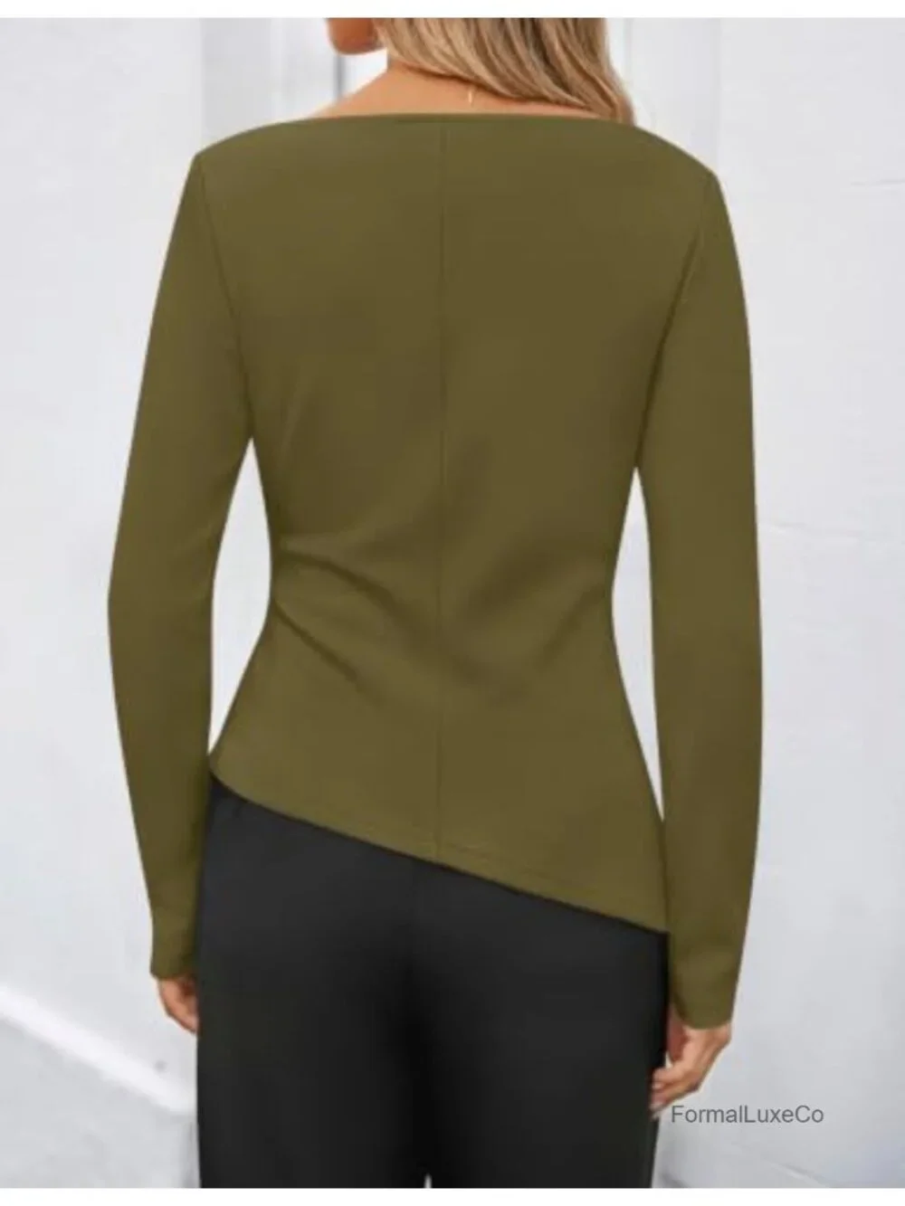 Women's Long Sleeve Boat Neck Blouse Ruched Waist Tie Front Office Top