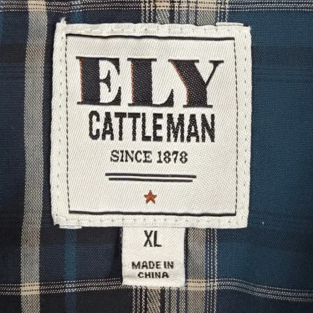 Ely Cattleman Mens XL Blue Plaid Western Short Sleeve Pearl Snap Cowboy Shirt