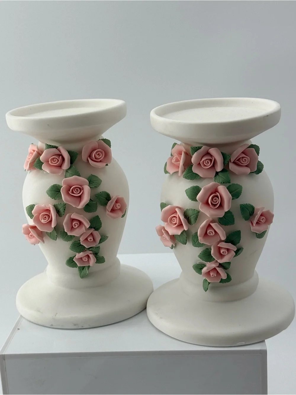 Pink Rose Ceramic Candle Holders — Pair