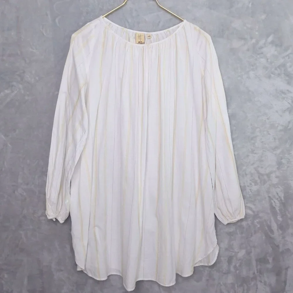 UNIQLO x Hana Tajima White Gathered Striped Tunic Top Size S Gauzy Mori Kei