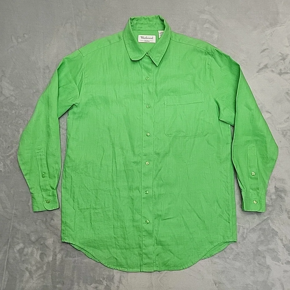 Westbound Shirt Womens PM Green 100% Linen Long Sleeve Button Up‎ Casual Classic