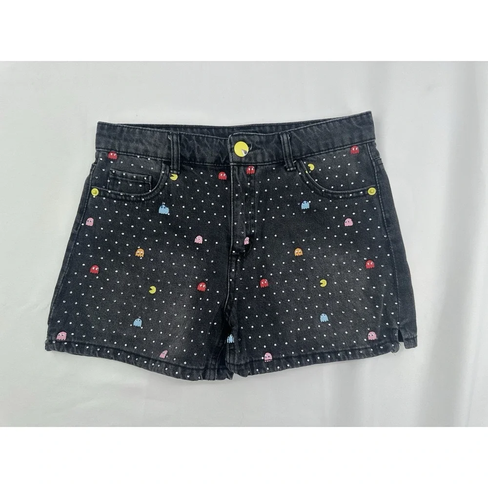 Justice‎ X PACMAN Black Denim Shorts Size 14 Pockets Girls