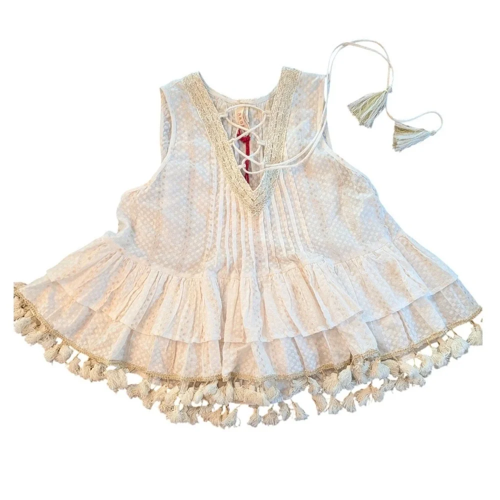 RAGA Junior XS‎ White Gold Metallic Polka Dot Tassel Babydoll Boho Top NWT