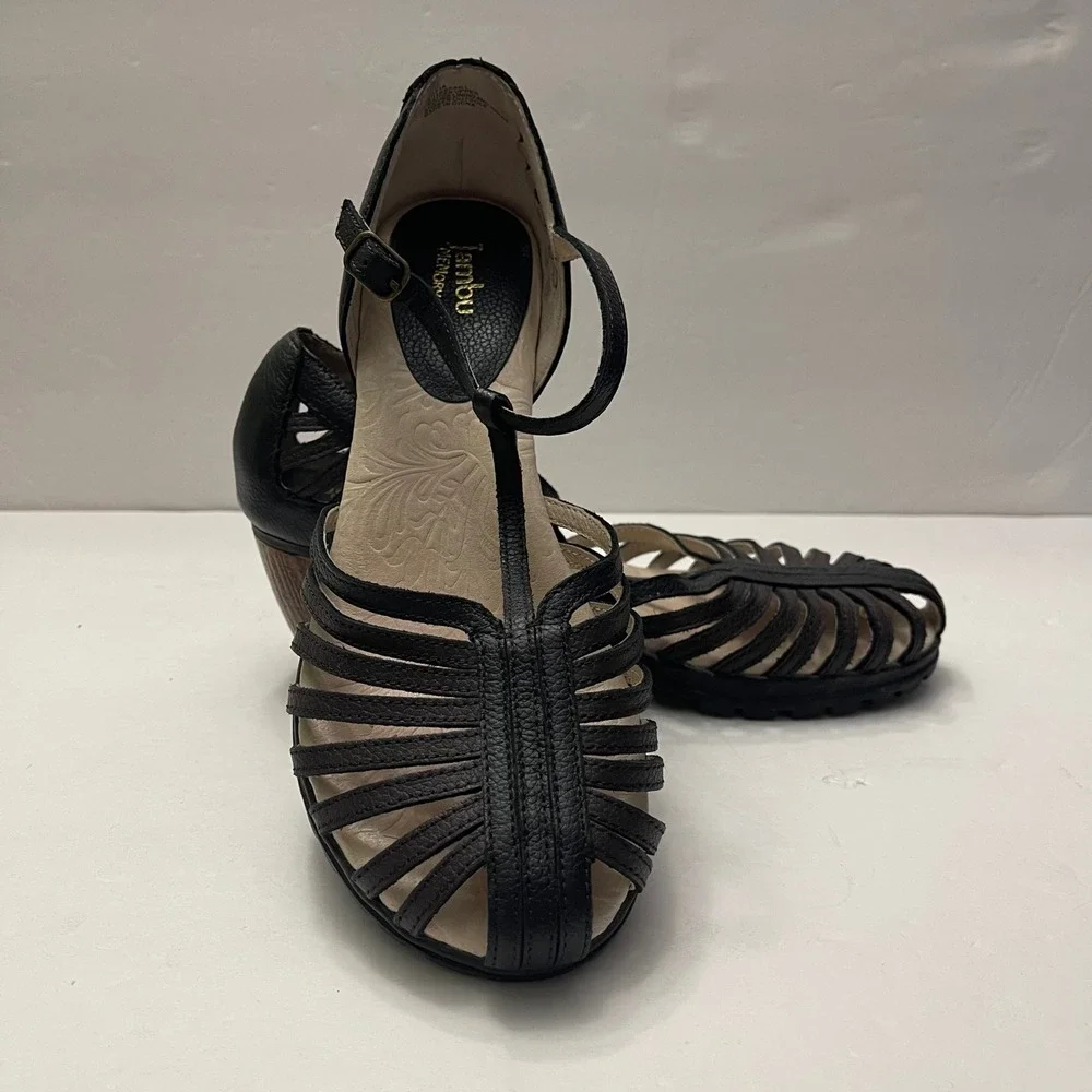 Jambu Sofia Black Leather T-Strap Caged Block Heel Sandals Womens 8M