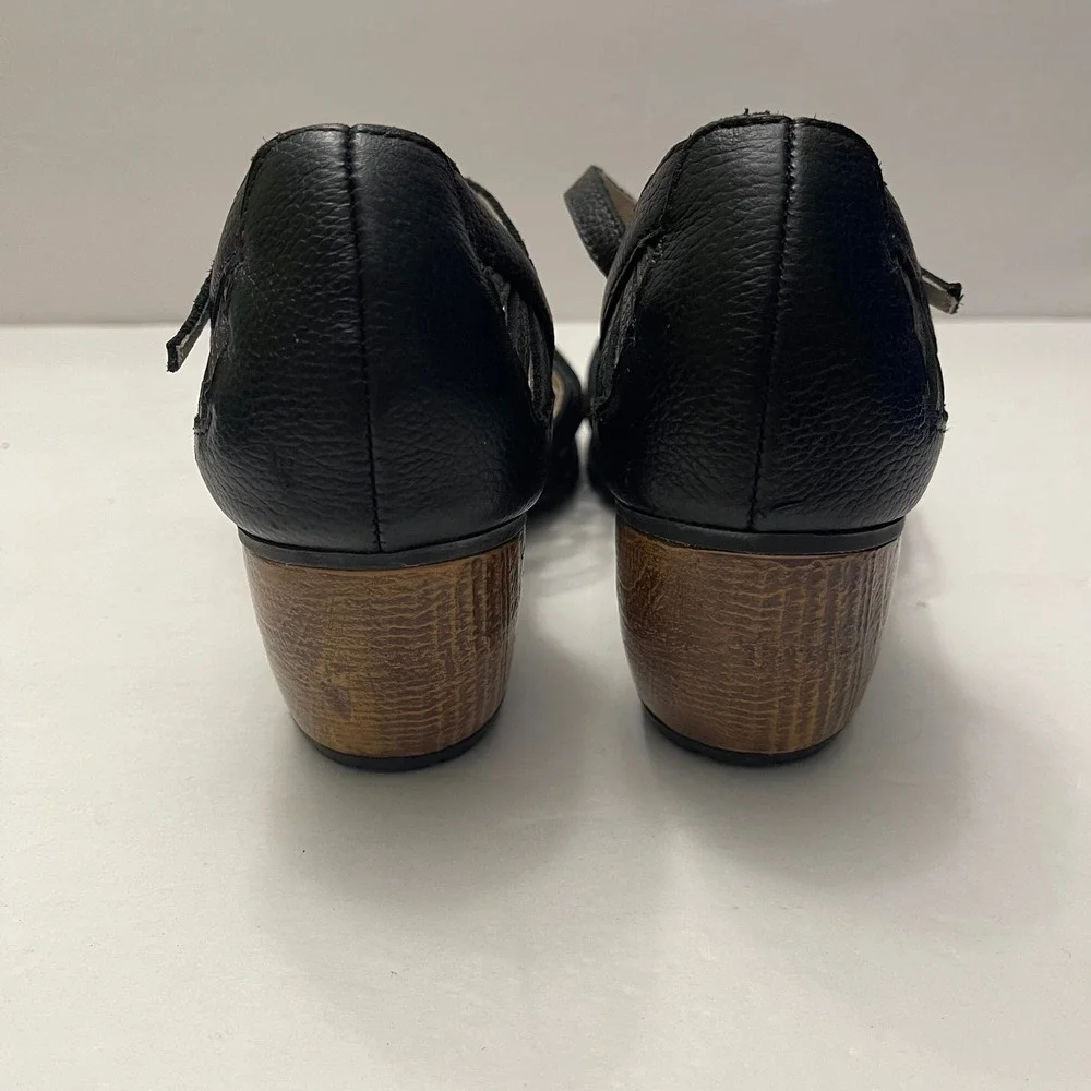 Jambu Sofia Black Leather T-Strap Caged Block Heel Sandals Womens 8M