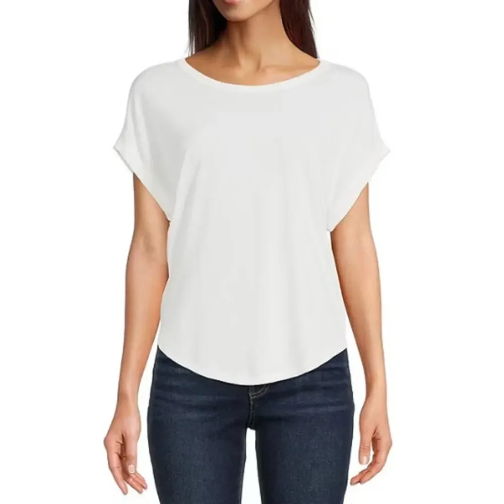 New Lucky Brand Women's Off White Scoop Neck Short Sleeves Round Hem Tee Size M