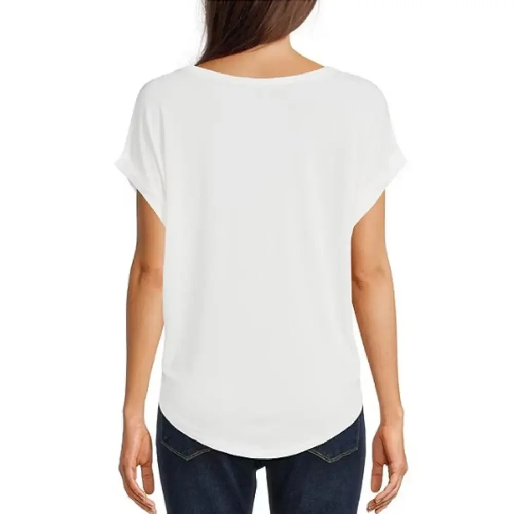 New Lucky Brand Women's Off White Scoop Neck Short Sleeves Round Hem Tee Size M