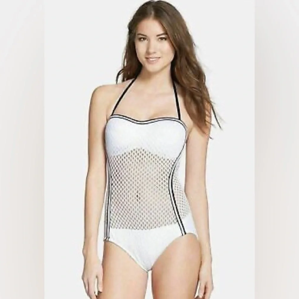 Robin Picone White Cameron Crochet Mesh One‎ Piece Bathing Suit Size 10