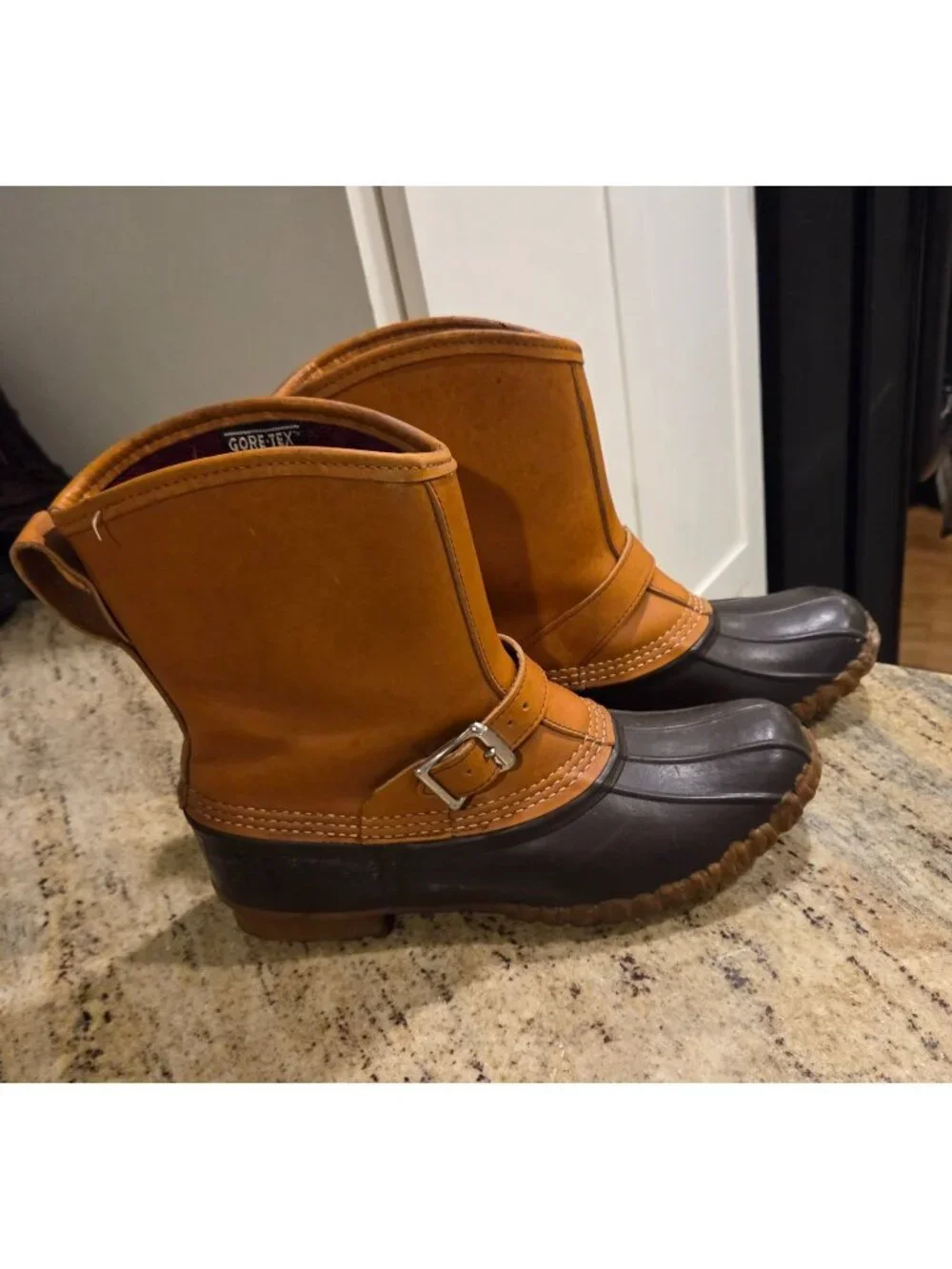 LL Bean Lounger Boots Mens 8 Brown Leather Rubber Duck Boots Buckle Strap Gortex