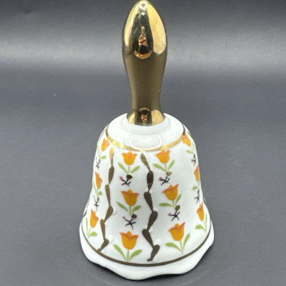 VTG Enesco Yellow Tulip Flowers with gold‎ trim Collector Dinner Bell