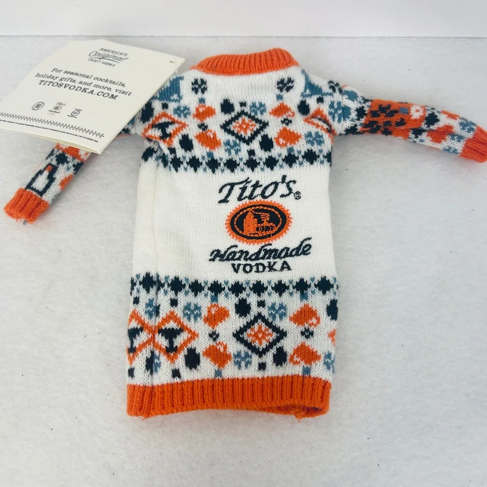 Titos Handmade Vodka Holiday Bottle Sweater Fair Isle Orange White Blue New Tag