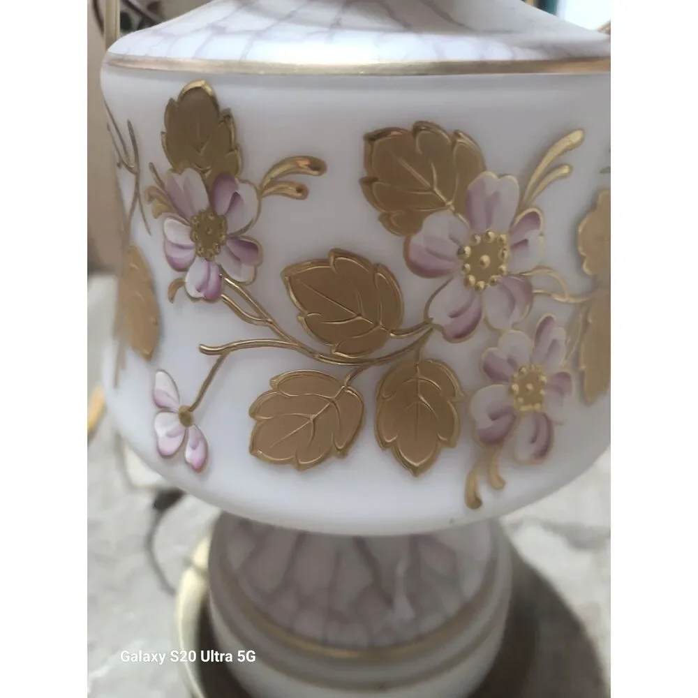 Hand Painted Gold Leaf Speckled White Floral White Frost Satin Brass Base‎ Lamp