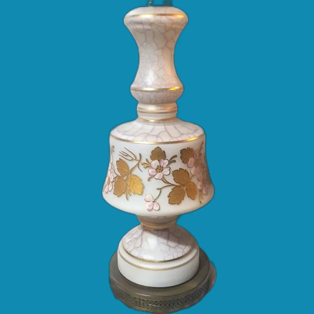 Hand Painted Gold Leaf Speckled White Floral White Frost Satin Brass Base‎ Lamp