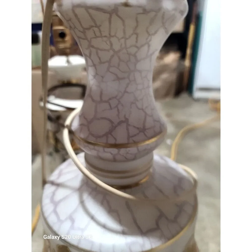 Hand Painted Gold Leaf Speckled White Floral White Frost Satin Brass Base‎ Lamp