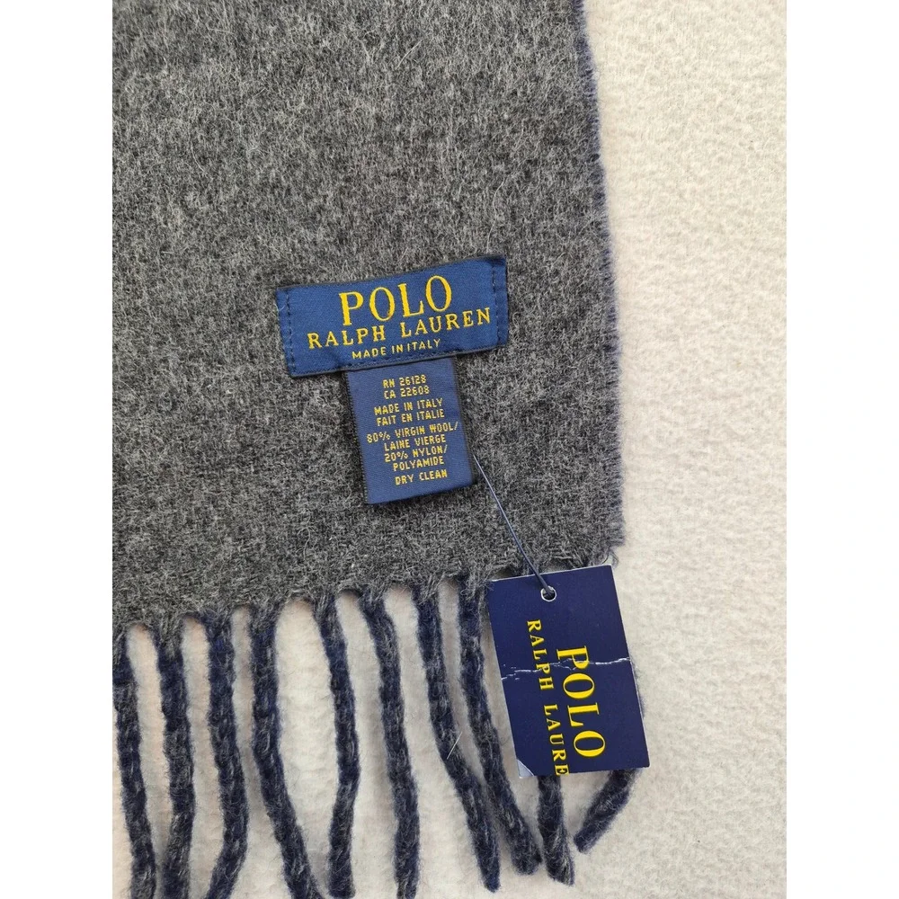 Polo Ralph Lauren Reversible Scarf Navy Blue Grey Virgin Wool ITALY 6F0205 NEW