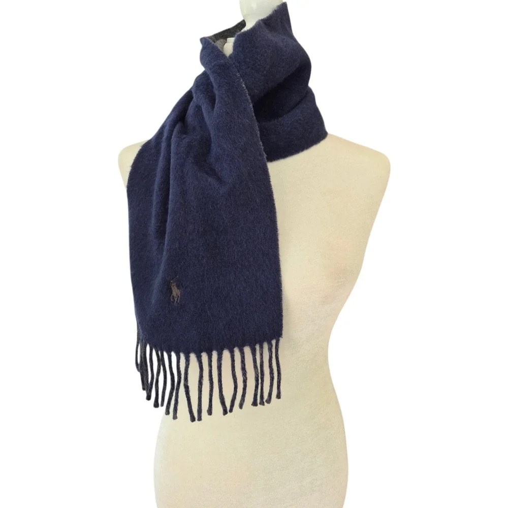 Polo Ralph Lauren Reversible Scarf Navy Blue Grey Virgin Wool ITALY 6F0205 NEW