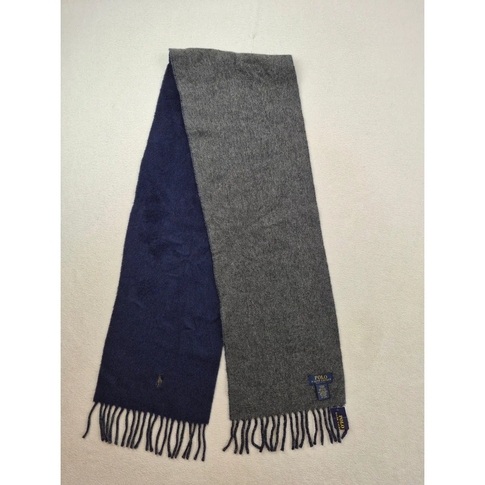 Polo Ralph Lauren Reversible Scarf Navy Blue Grey Virgin Wool ITALY 6F0205 NEW