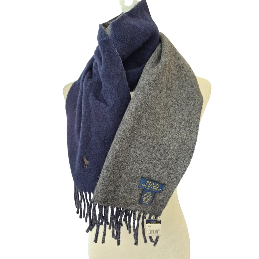 Polo Ralph Lauren Reversible Scarf Navy Blue Grey Virgin Wool ITALY 6F0205 NEW