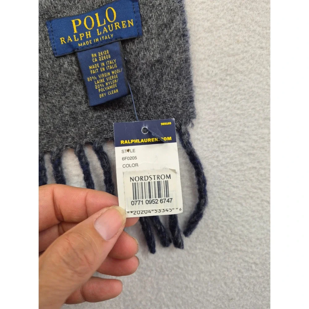 Polo Ralph Lauren Reversible Scarf Navy Blue Grey Virgin Wool ITALY 6F0205 NEW