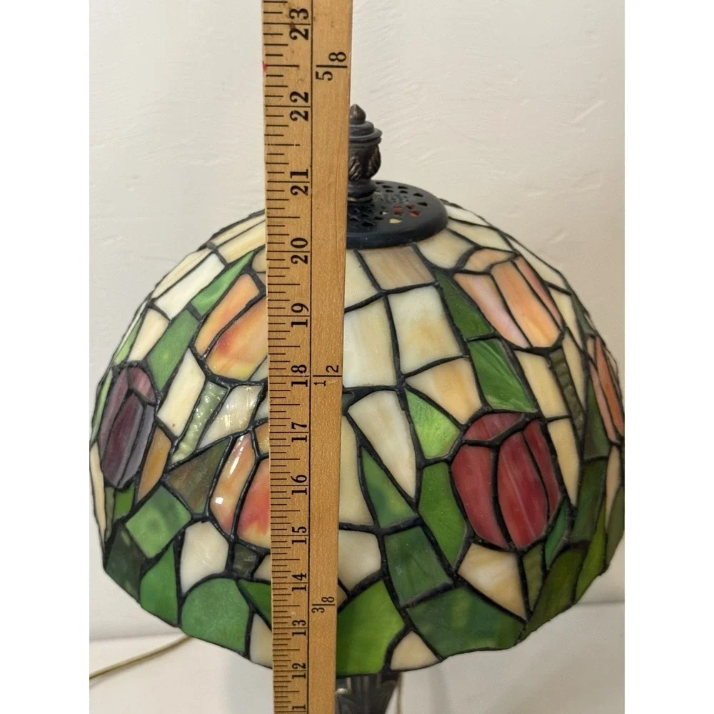 Vintage Tiffany Style Stained Glass Tulip Table Lamp Antique Bronze Base‎ 22