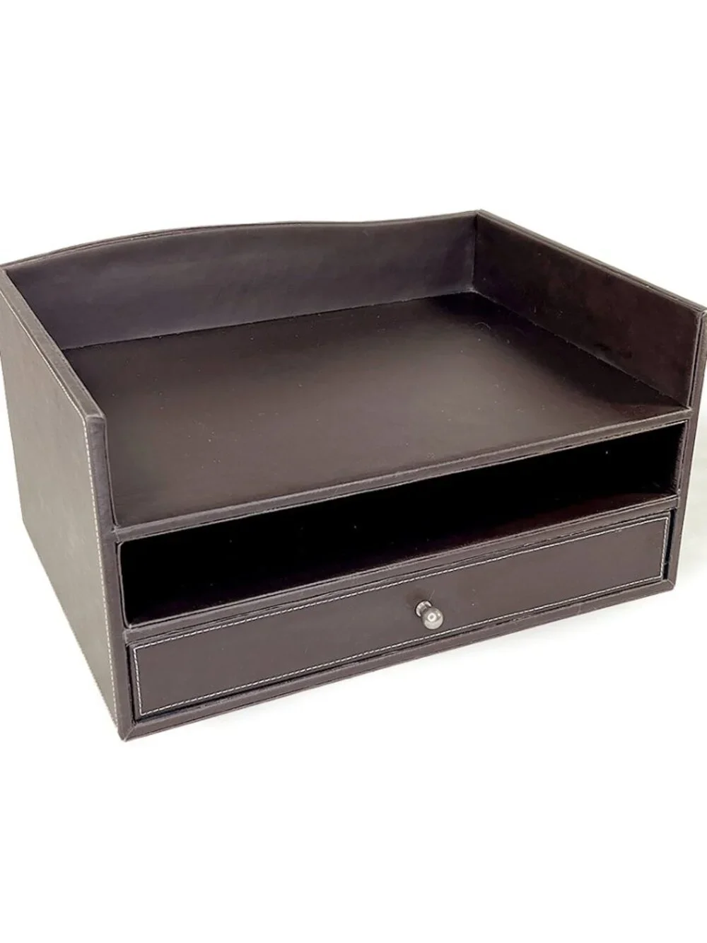 Brown Leather Multi-Tier Desk Organizer
