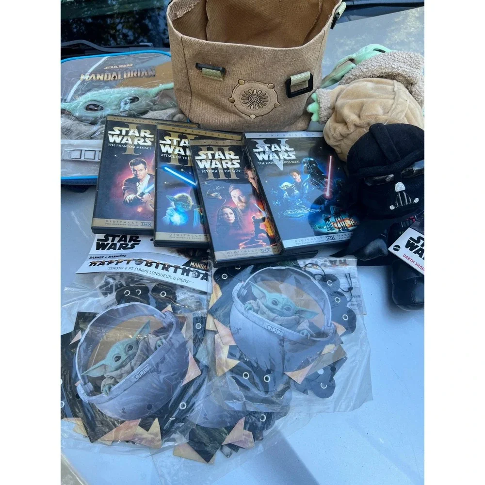 Star Wars DVD Lot w/ Mandalorian Grogu Plush, Backpack & Party Decor Bundle