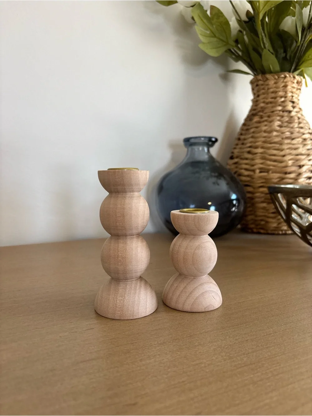 Amazon set of 2 Hand-Carved Wooden Stacked Ball Candle Holders