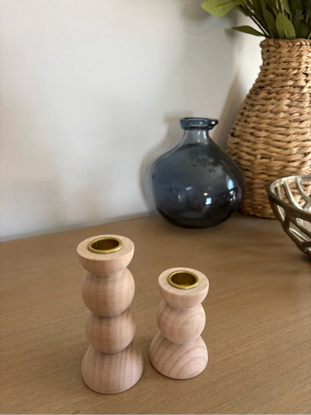 Amazon set of 2 Hand-Carved Wooden Stacked Ball Candle Holders